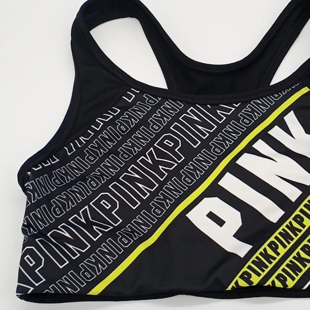 PINK Victoria's Secret Ultimate Unlined Logo Print Sports Bra Black Yellow S